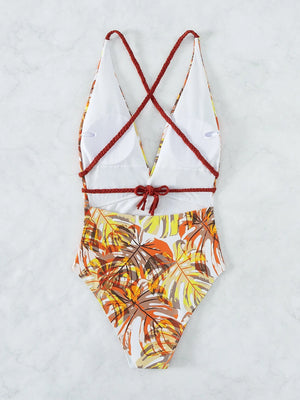 Plunge Tropical Braided Lace Up Swimsuit