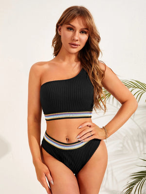 Striped Trim One Shoulder Bikini Set