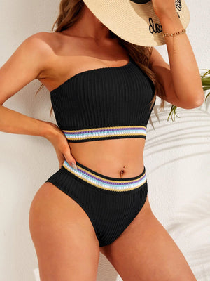 Striped Trim One Shoulder Bikini Set
