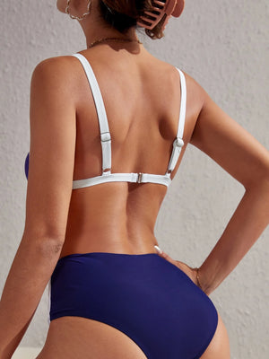 Navy & White Bind Triangle High Waist Bikini Set