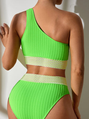 Neon Green Contrast Band One Shoulder Bikini Set