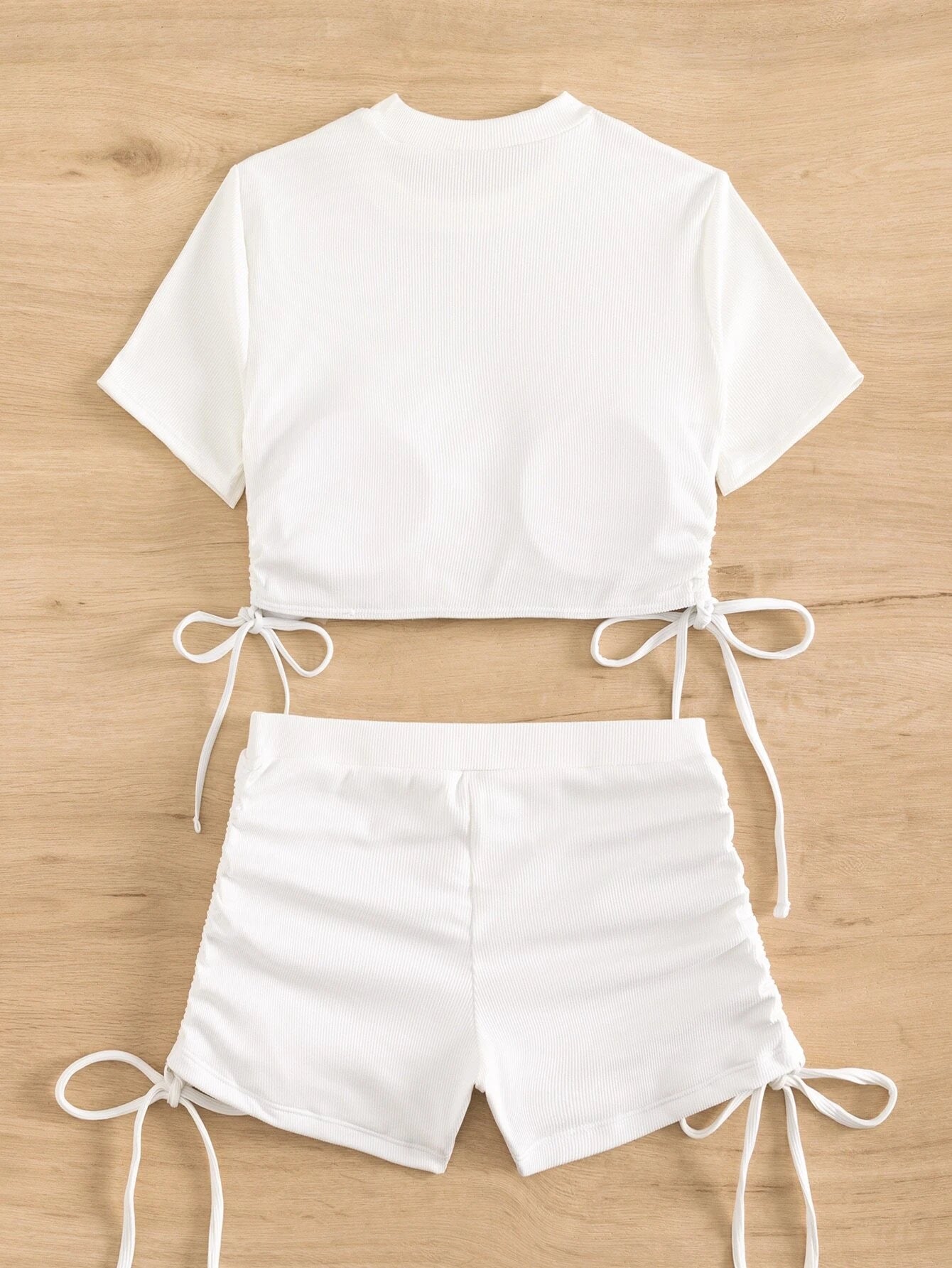 Breaker - White Ribbed Crop Top & Shorts Bikini Set