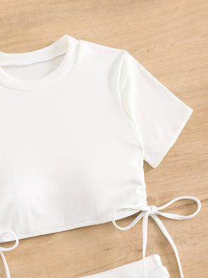 Breaker - White Ribbed Crop Top & Shorts Bikini Set