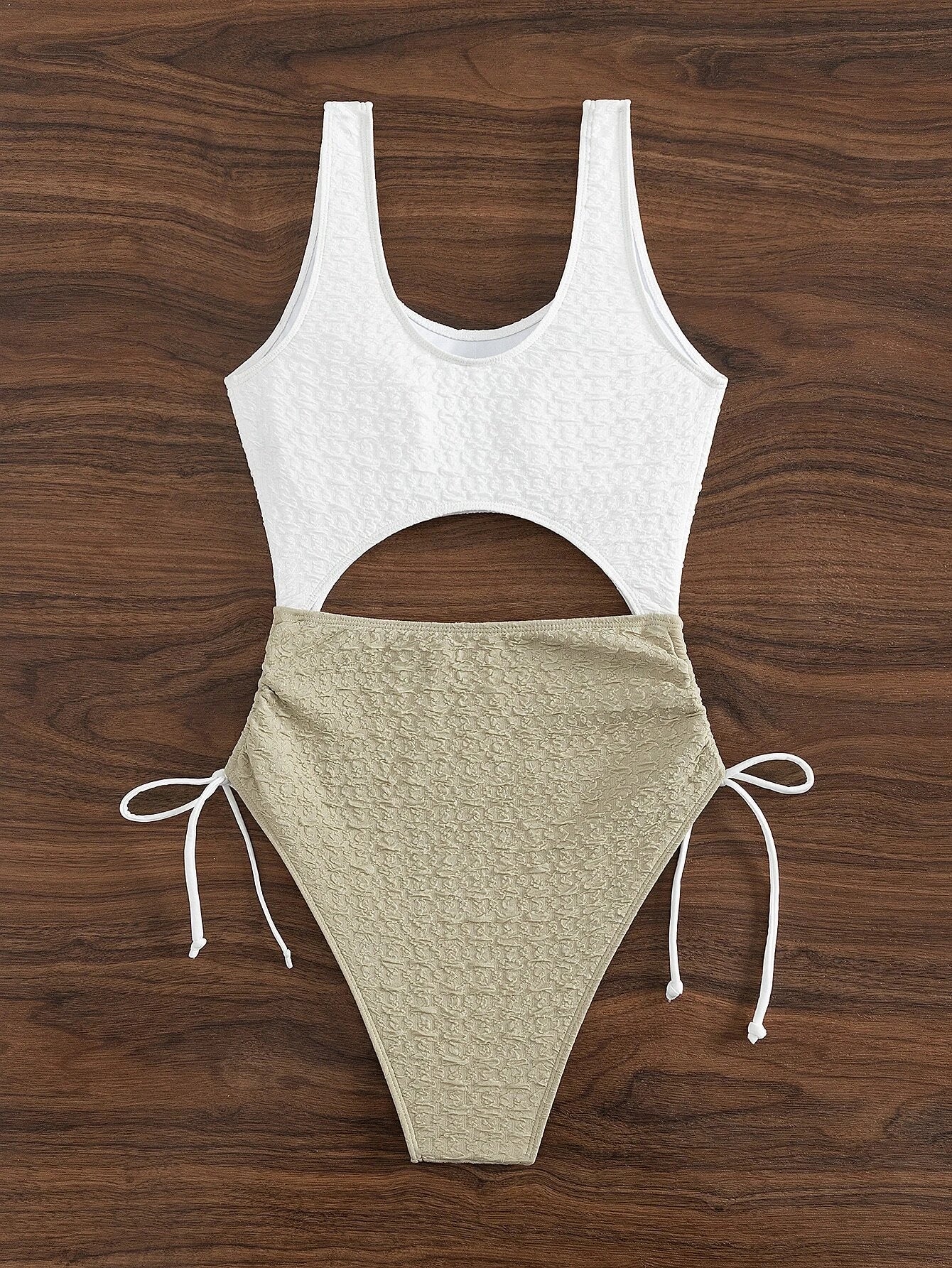 Two Tone White & Sand Textured Cut Out Swimsuit