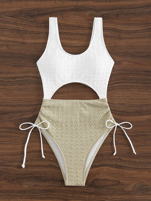 Two Tone White & Sand Textured Cut Out Swimsuit