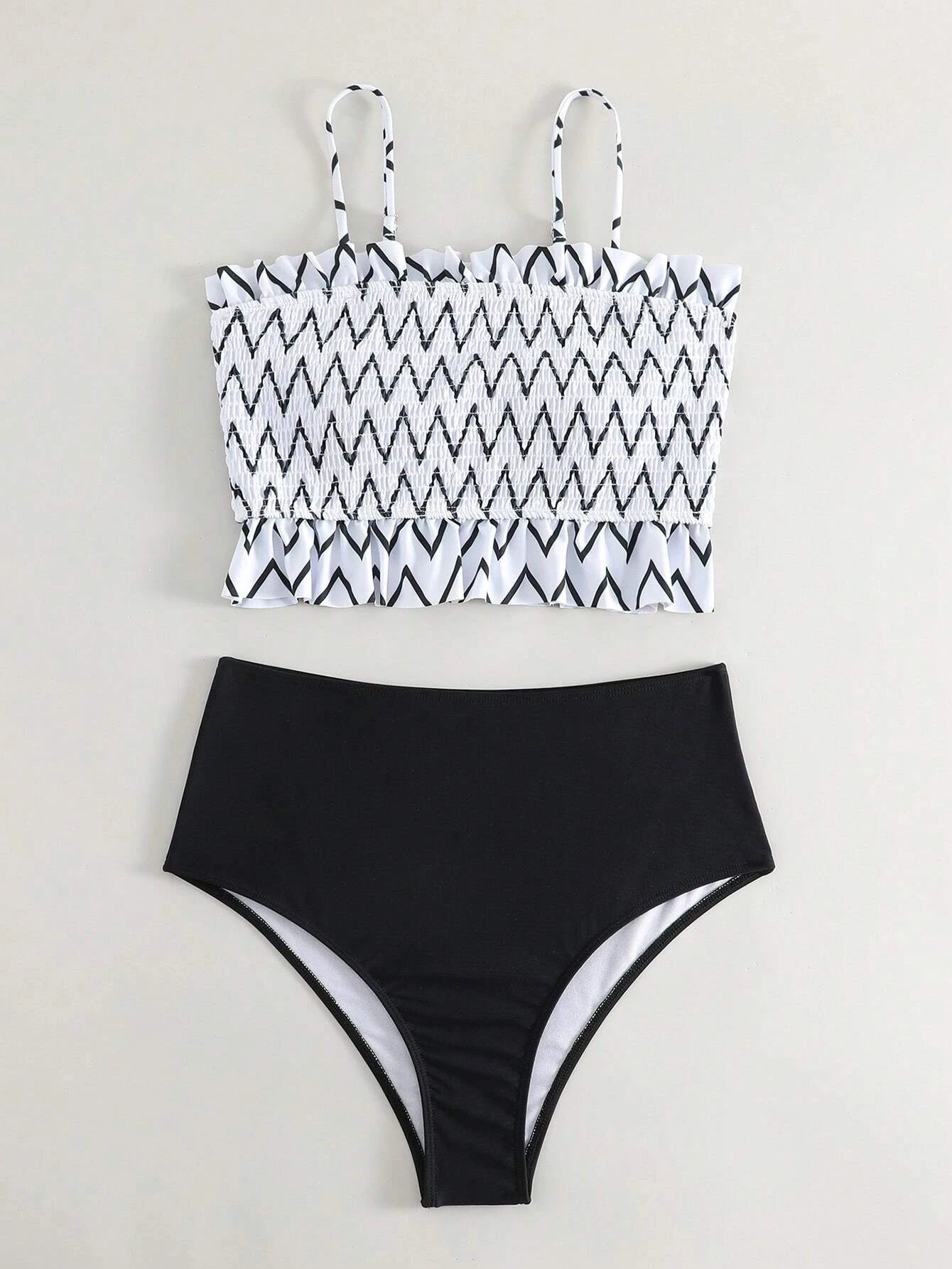 Chevron Print Smocked High Waisted Bikini Set