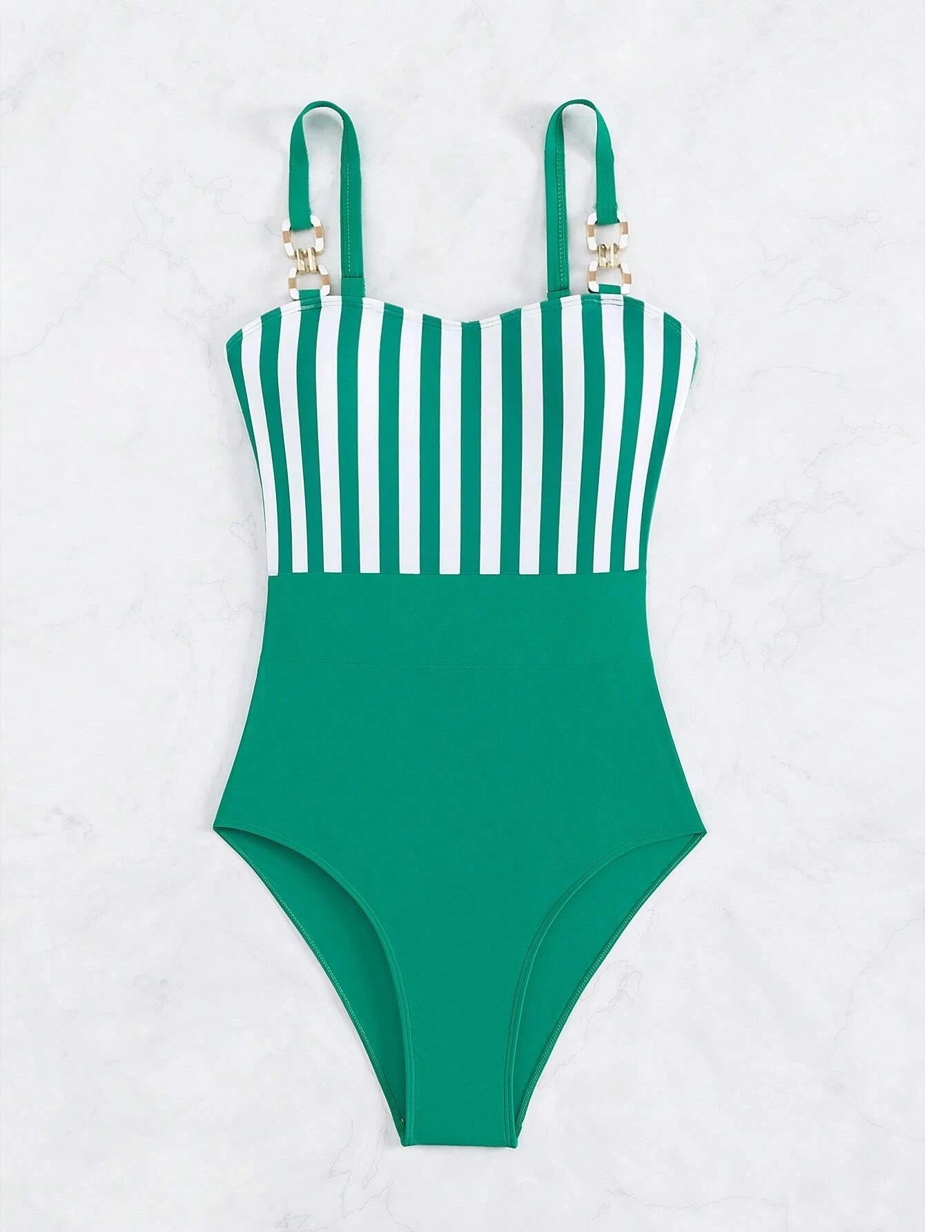Green Block & Stripe Chain Detail Swimsuit