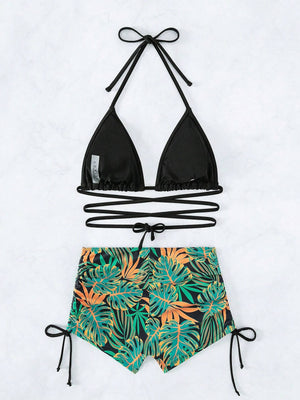 Triangle & Tropical Drawstring Bikini Shorts
