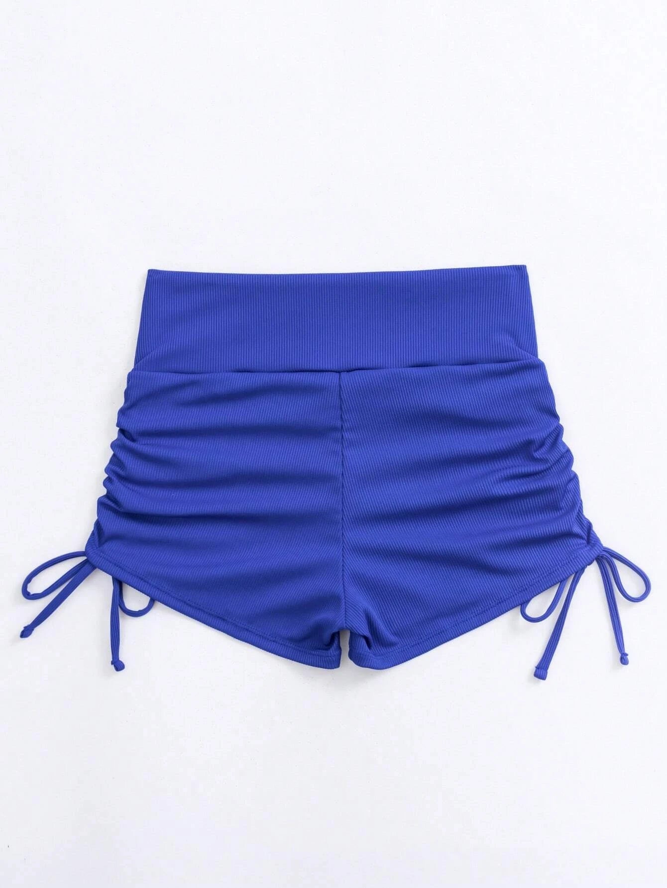 Basic Ribbed Blue Drawstring Shorts