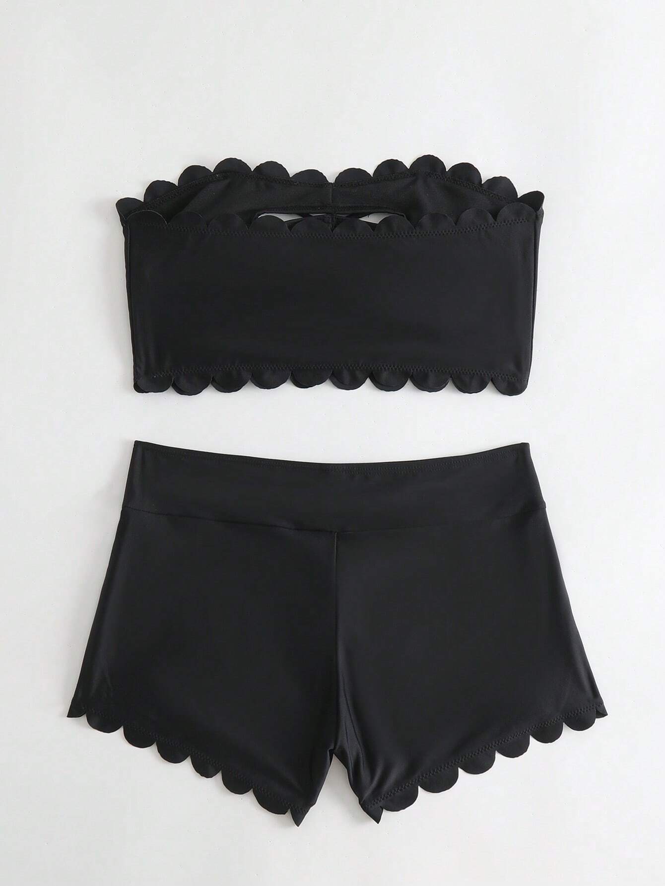 Black Scallop Trim Bandeau Bikini Shorts Set