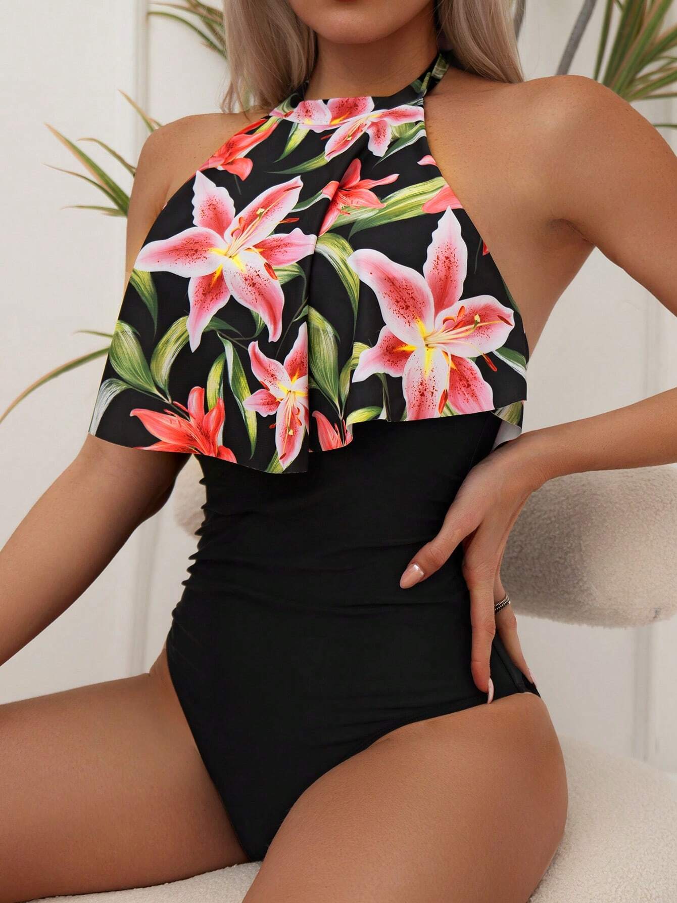 Hanky Hem Floral & Block Halter Swimsuit