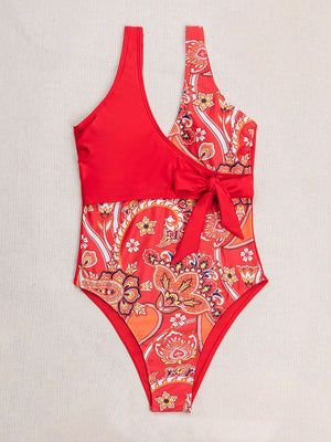 Red Paisley & Block Wrap Swimsuit