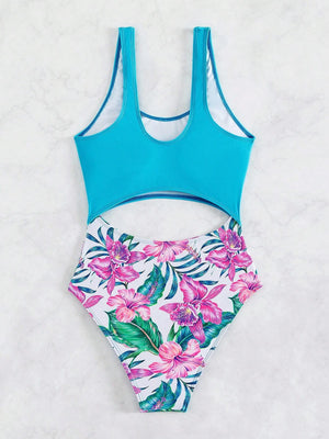 Blue & Floral Cut Out Swimsuit