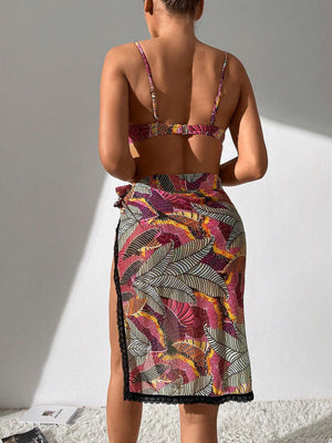 3 Pack Stencil Leaf Print Push Up Bikini With Beach Skirt