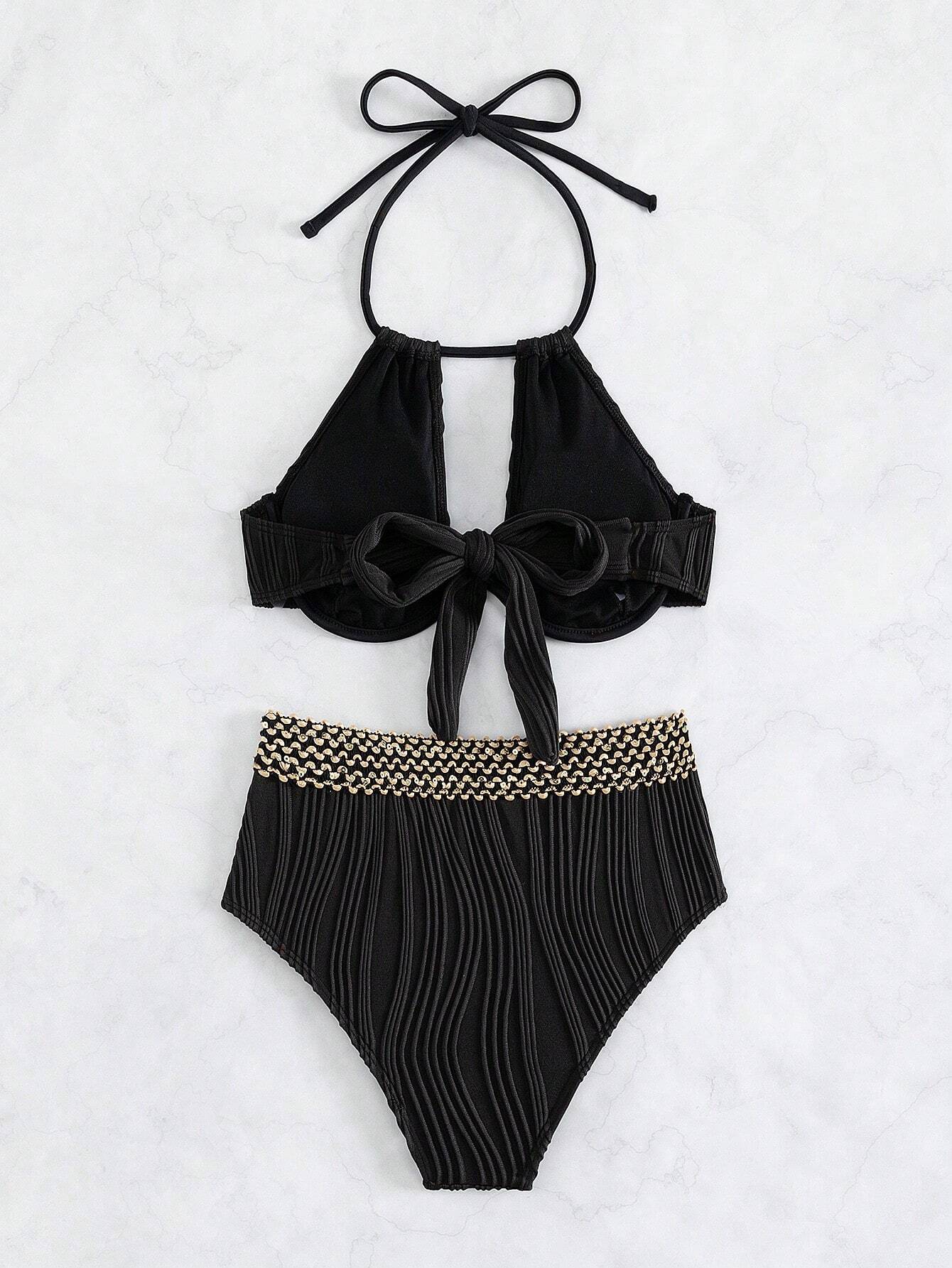 Black Textured & Gold Stitch Detail Halter Underwire Bikini Set