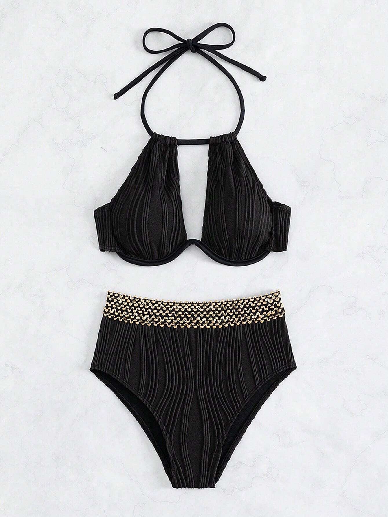 Black Textured & Gold Stitch Detail Halter Underwire Bikini Set