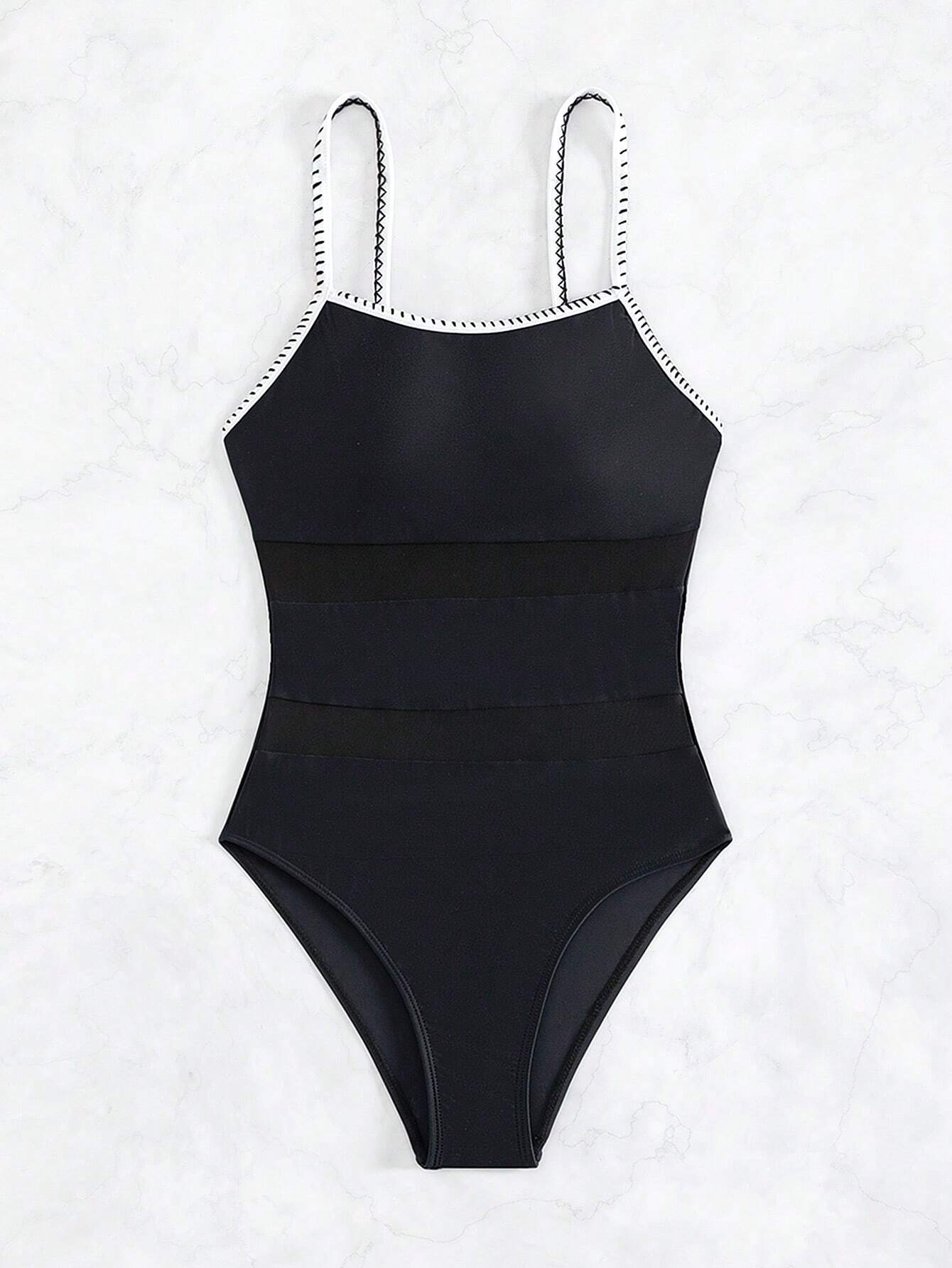 Tummy Control Contrast Mesh Whipstitch Trim One Piece Swimsuit