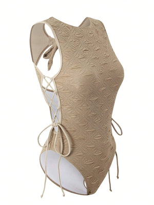 Sand Textured Lace Up Side One Piece Swimsuit