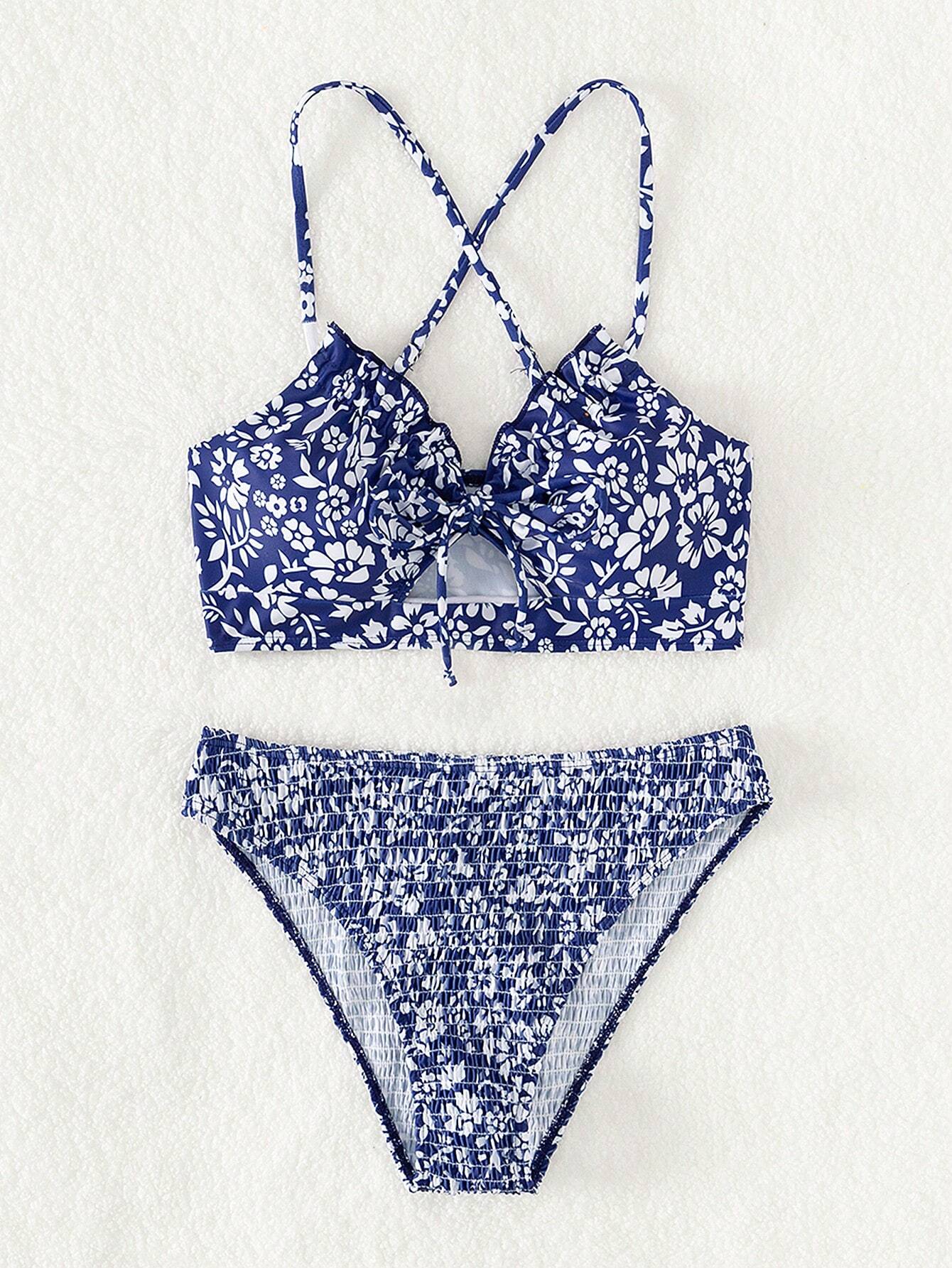 Ditsy Floral & Smocked Bikini Set