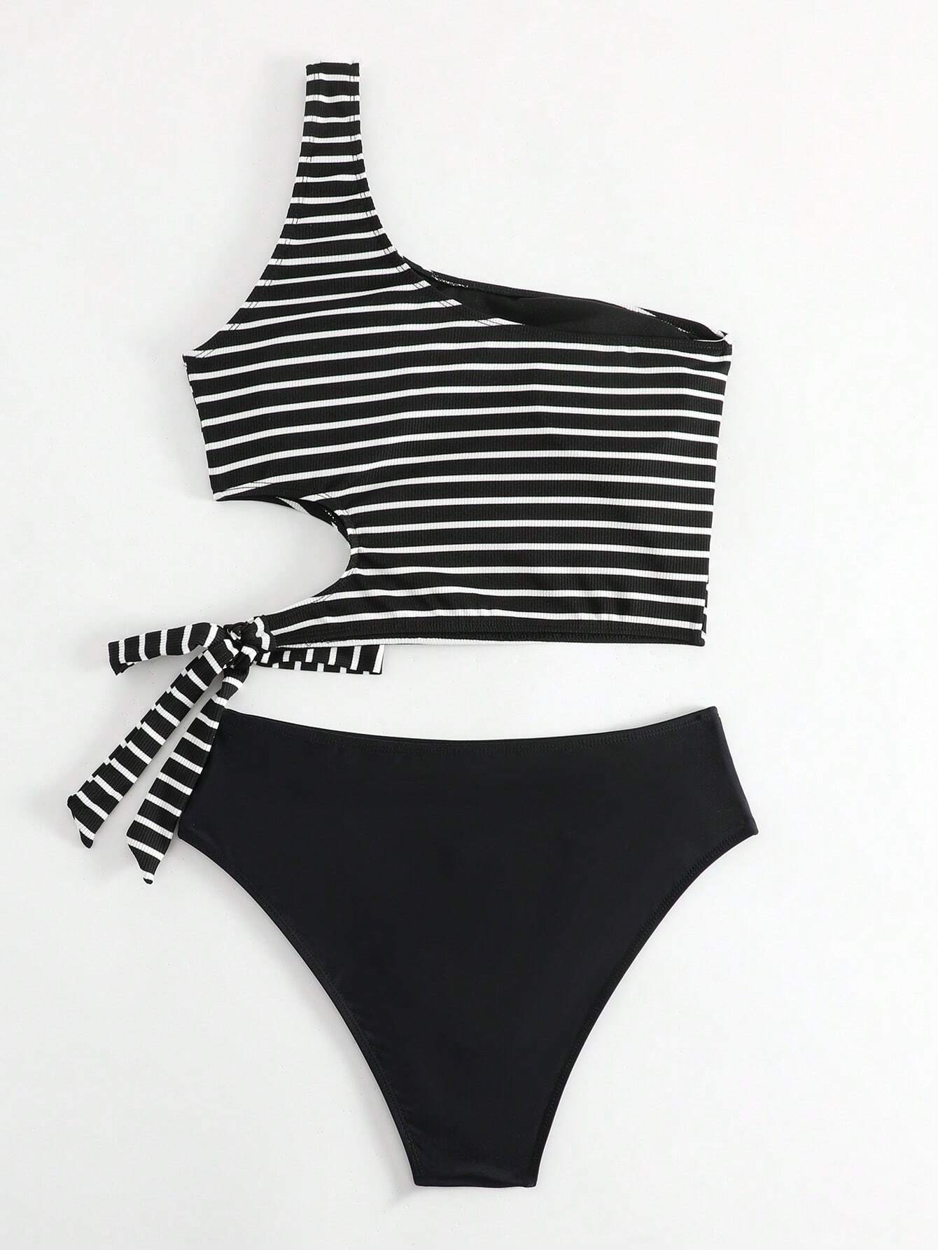 Striped Knot Side Ribbed and Block One Shoulder Bikini