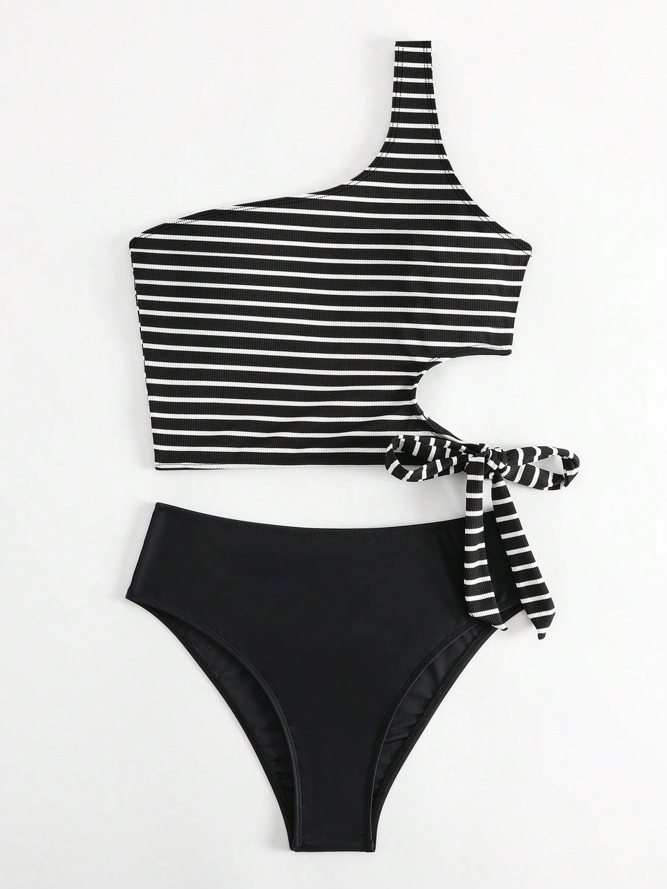 Striped Knot Side Ribbed and Block One Shoulder Bikini