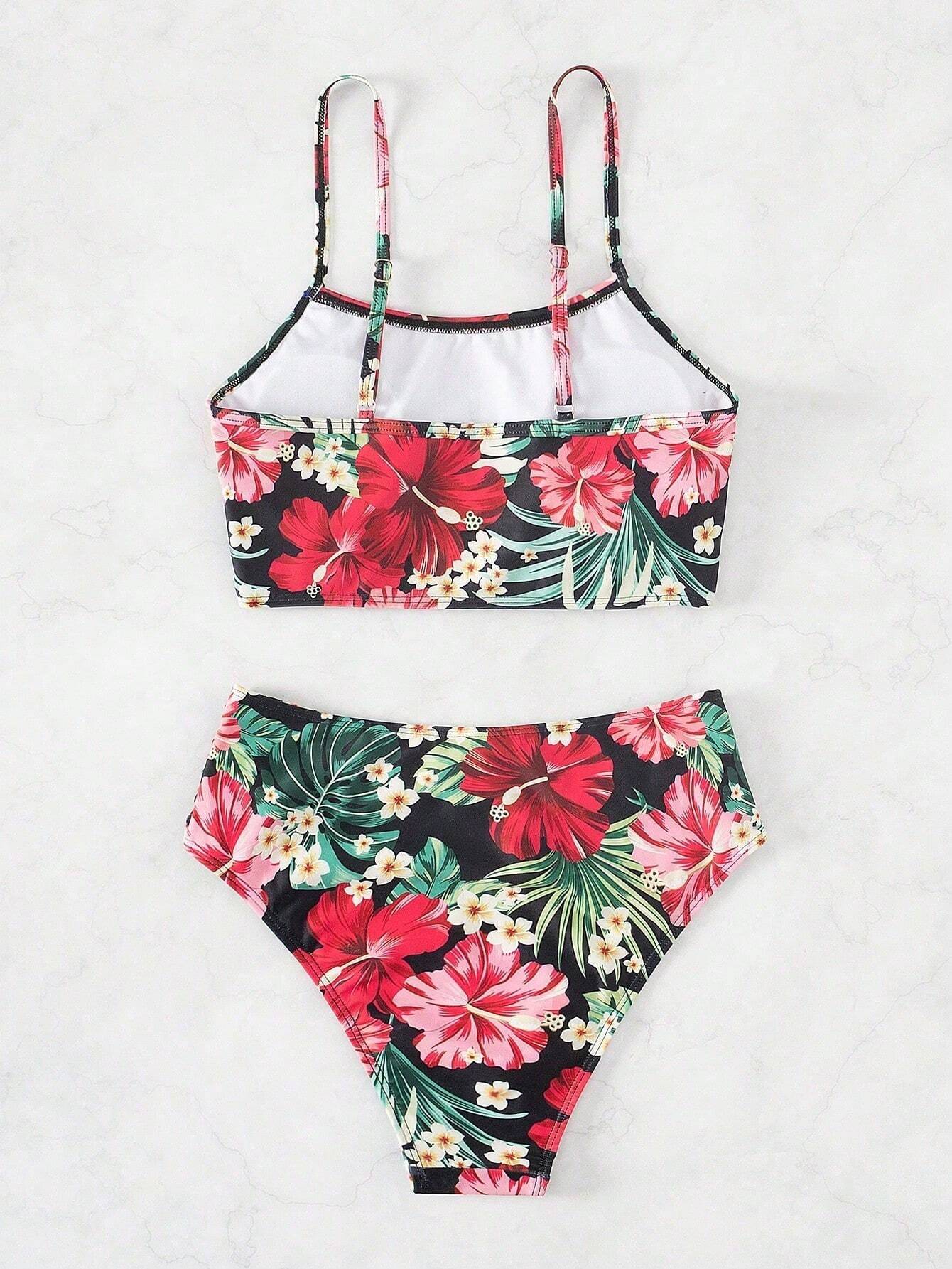 Tropical Floral Ruched High Waist Bikini Set