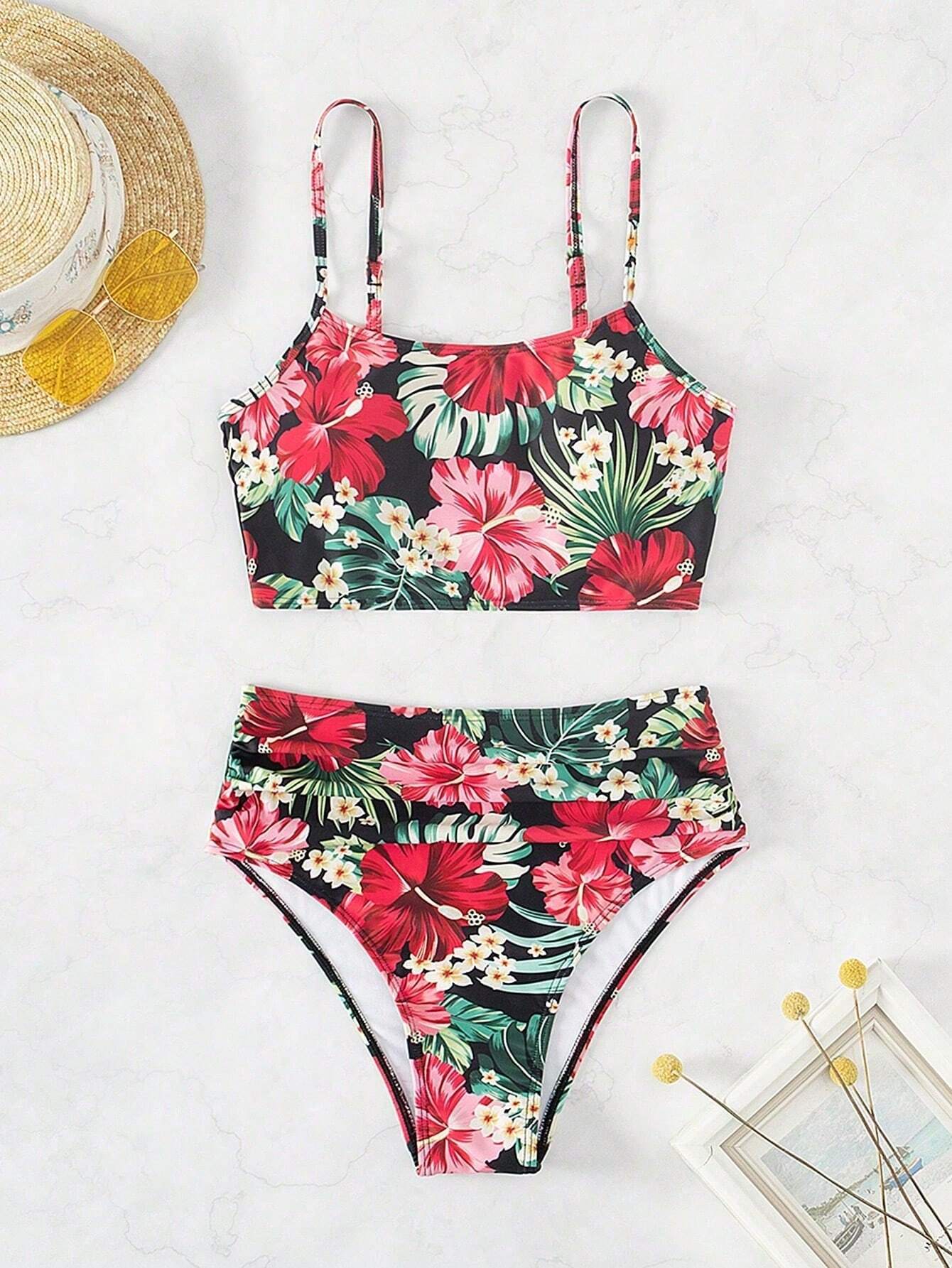 Tropical Floral Ruched High Waist Bikini Set