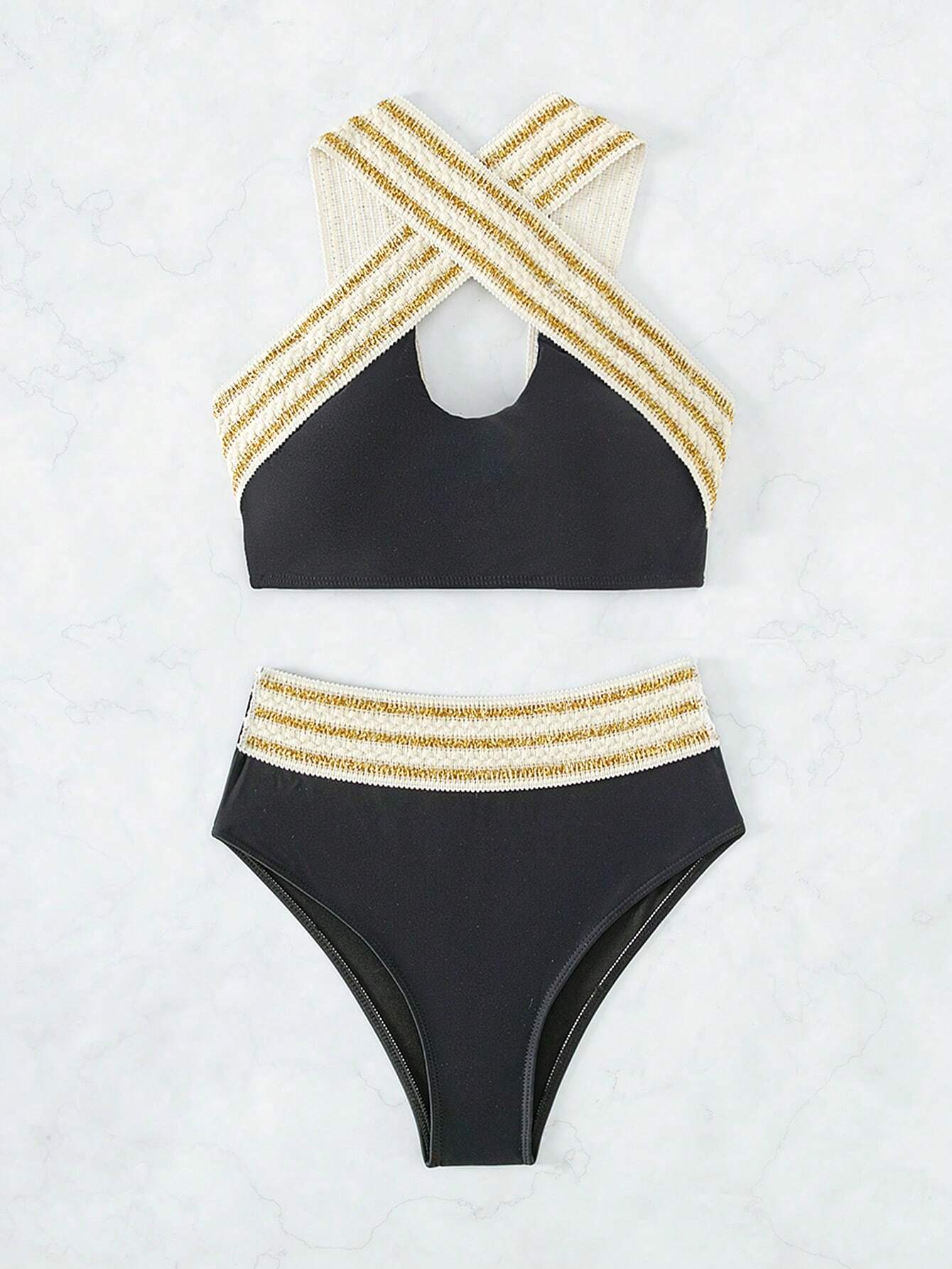 Striped Tape Crisscross Bikini