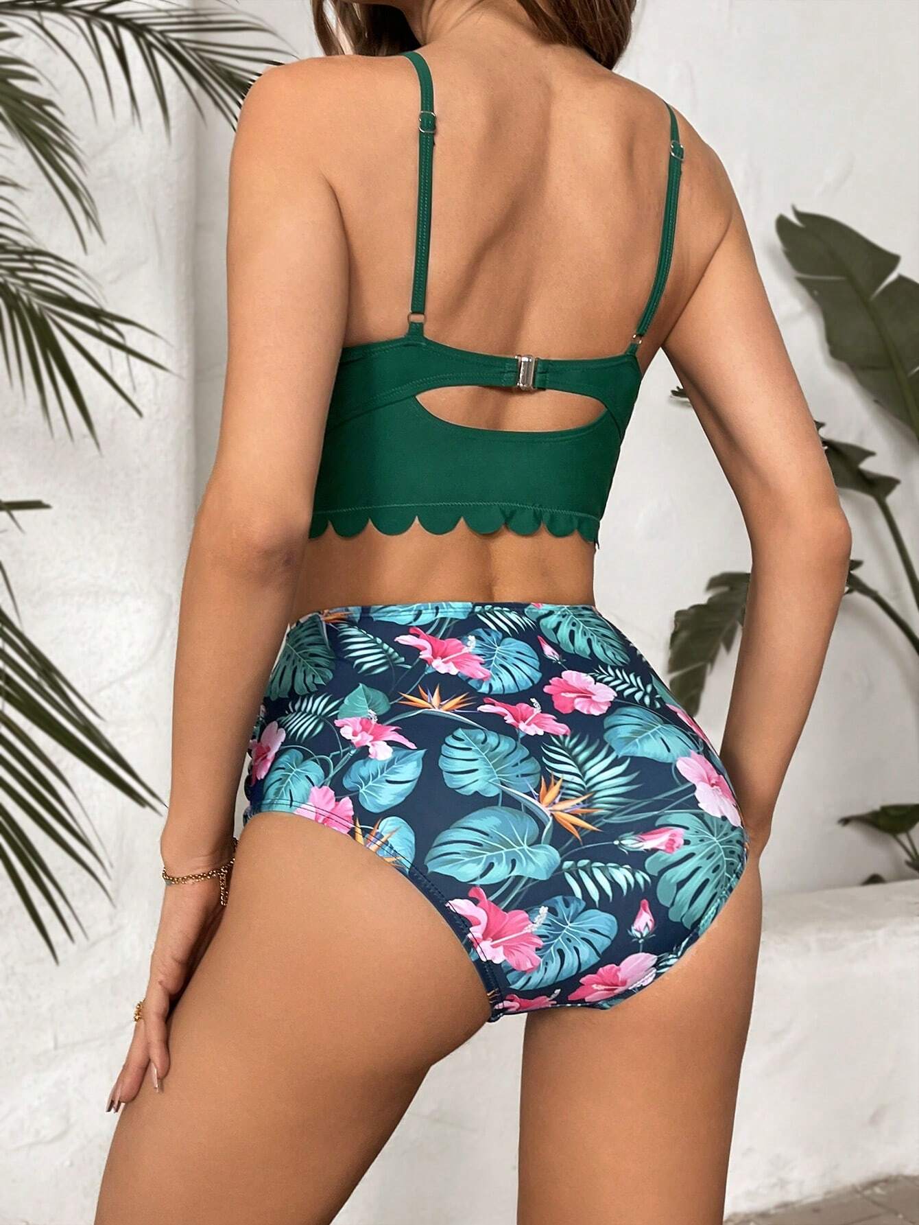 Green & Tropical Scallop Trim High Waist Bikini