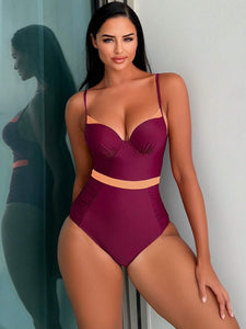 Burgundy Colorblock Ruched One Piece Swimsuit