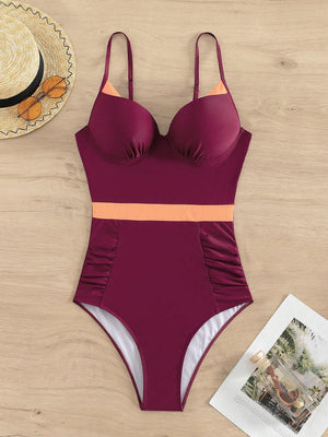 Burgundy Colorblock Ruched One Piece Swimsuit