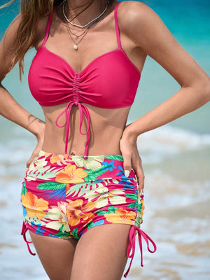 Neon Pink Hawaii Drawstring Bikini Shorts Set