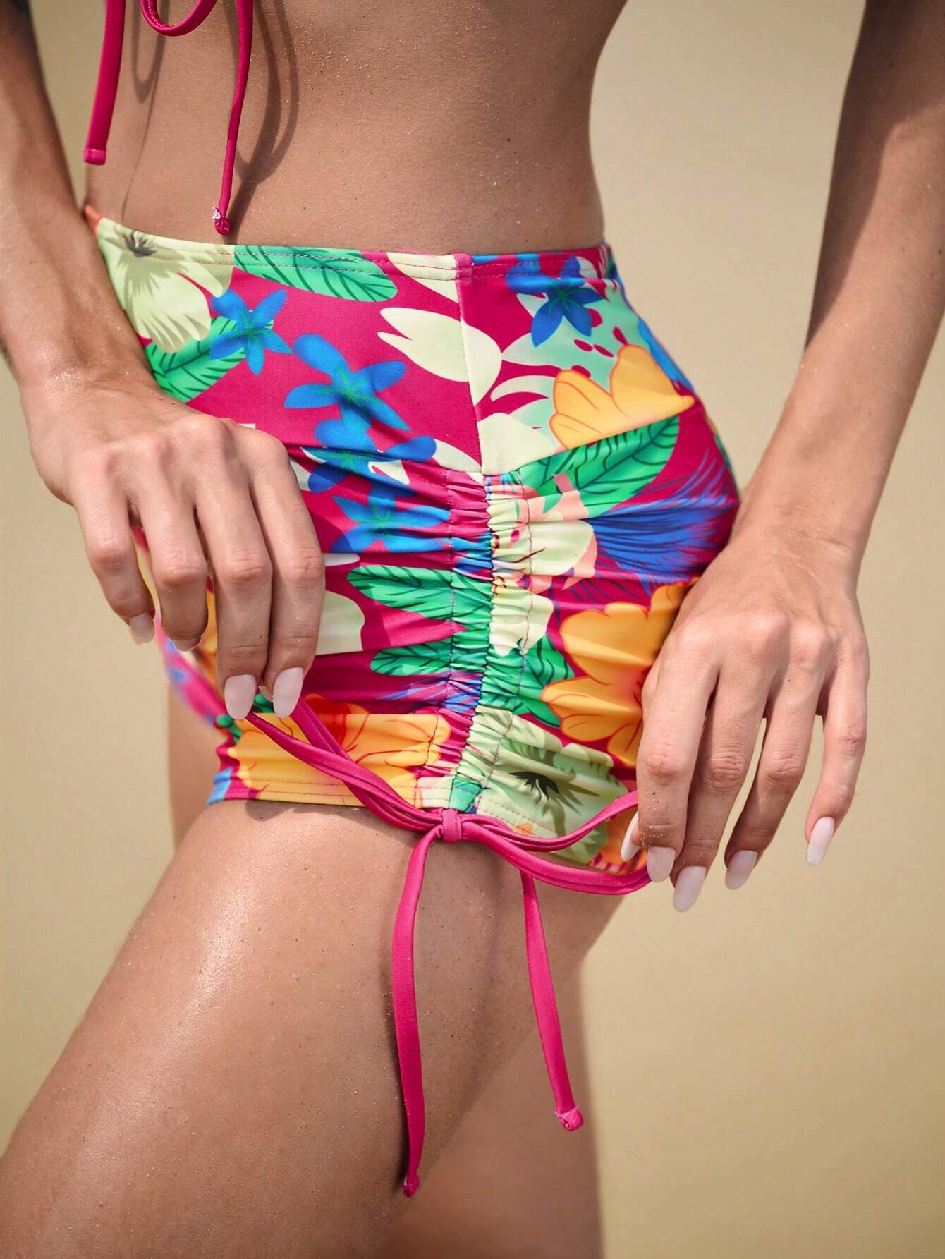 Neon Pink Hawaii Drawstring Bikini Shorts Set