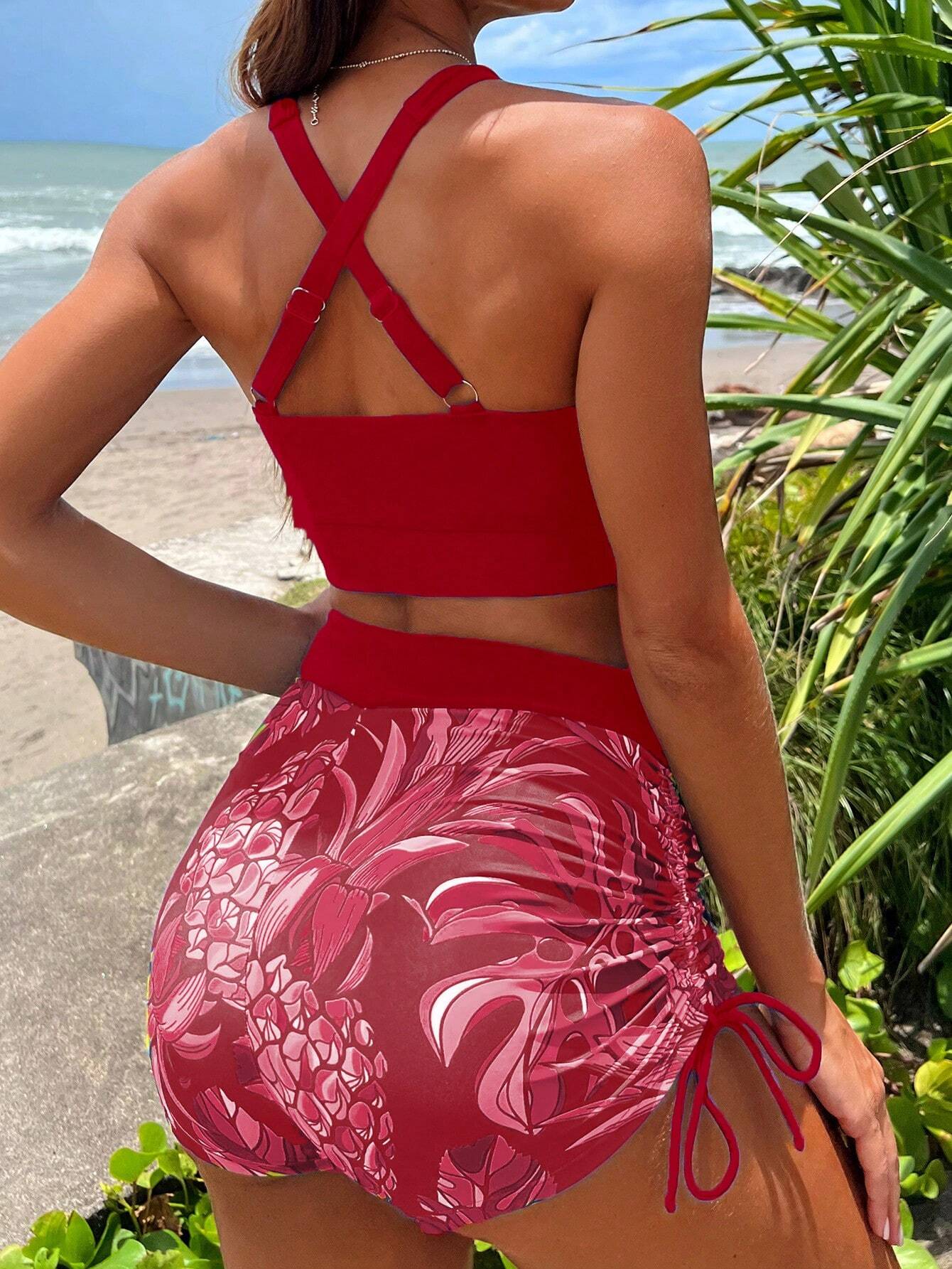 High Support Red Tropical & Block Bikini Shorts Set