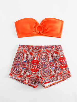Orange & Paisley Bandeau Bikini Shorts Set
