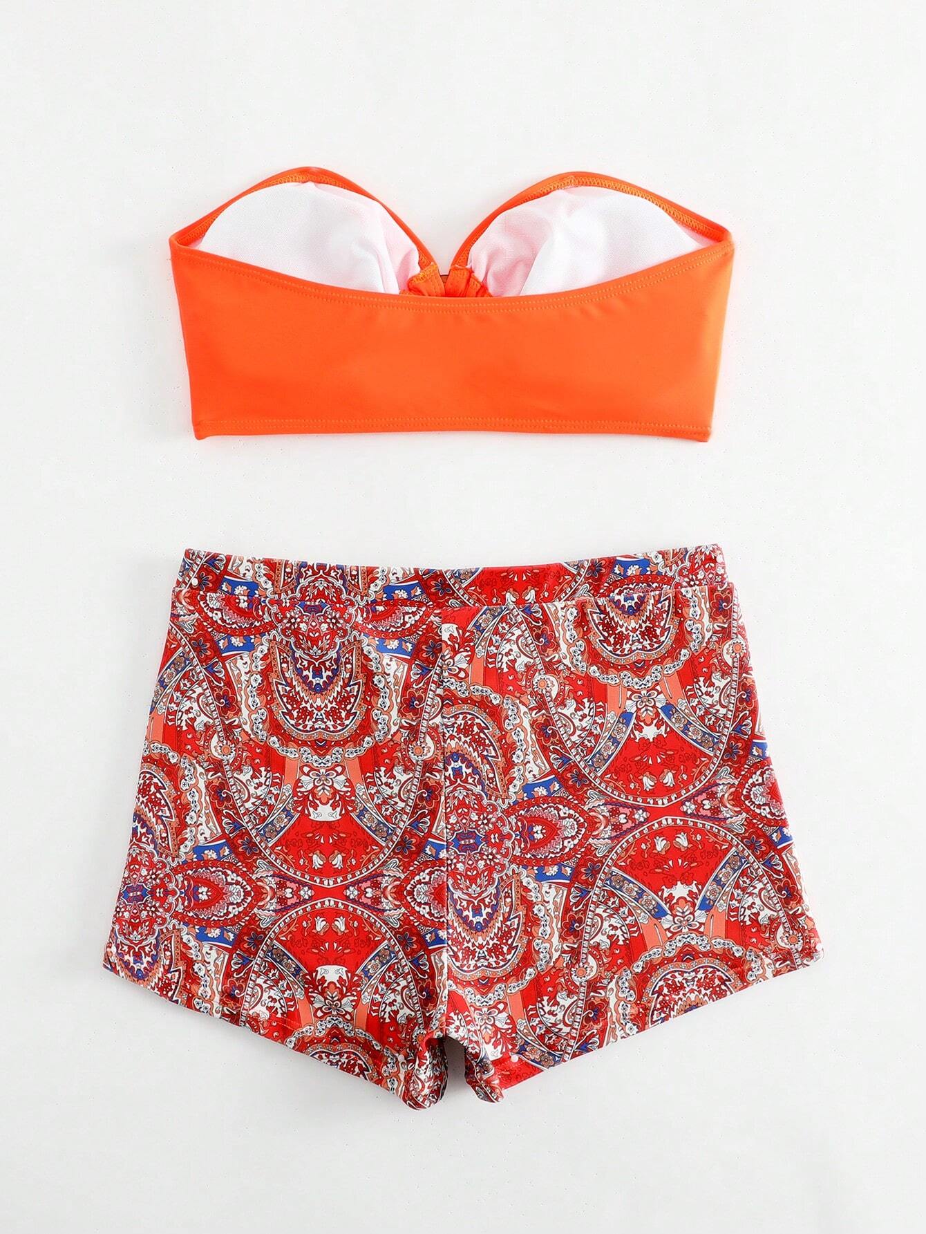 Orange & Paisley Bandeau Bikini Shorts Set