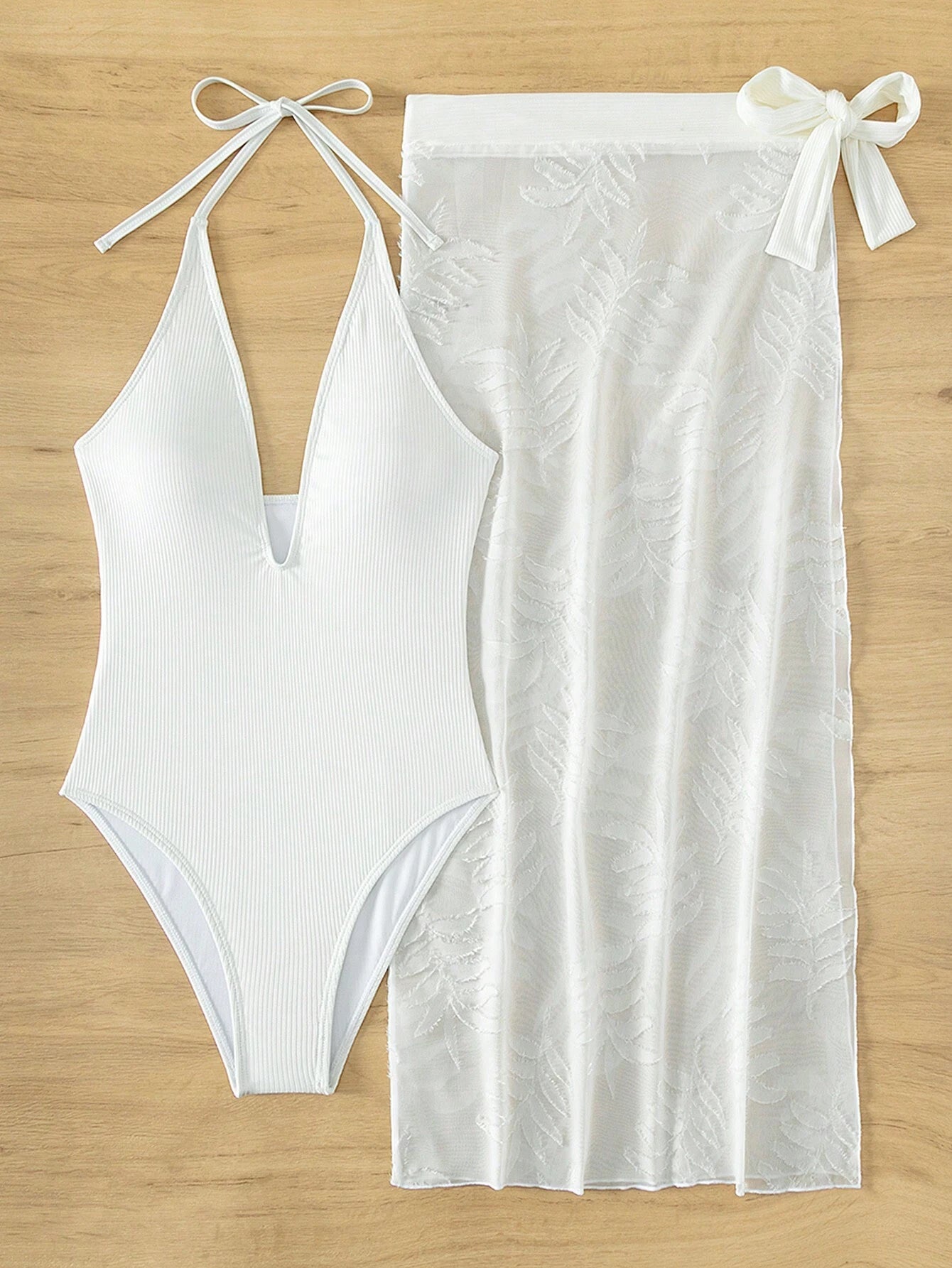 3 Pack White Ribbed Swimsuit & Embroidered Sarong Set