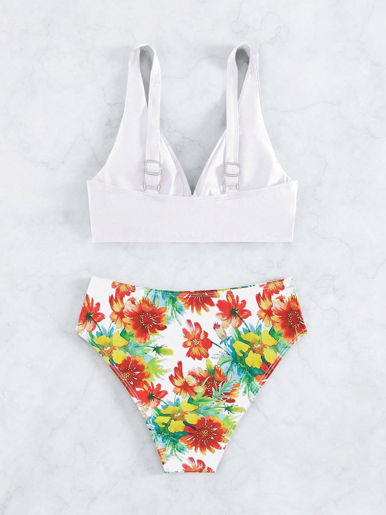 White Twist Top & Floral Brief Bikini Set