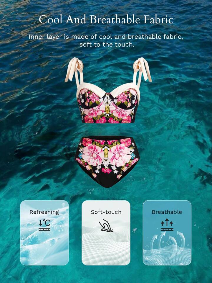 Premium - Black Floral Push Up Tie High Waist Bikini Set