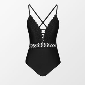 Black Embroidered Insert Lace Up Swimsuit