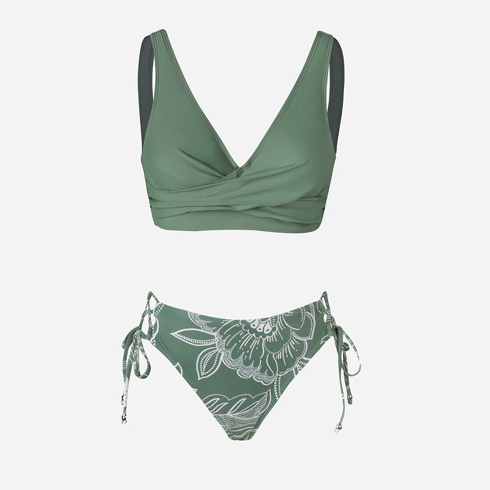 Cupshe - Olive Block & Floral Print Twist Bikini Set