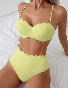 Ribbed Scallop Trim Push Up High Waist Bikini Set