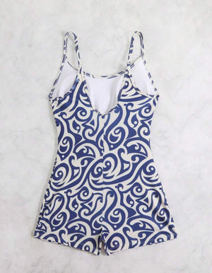 Blue & White Print One Piece Shorts