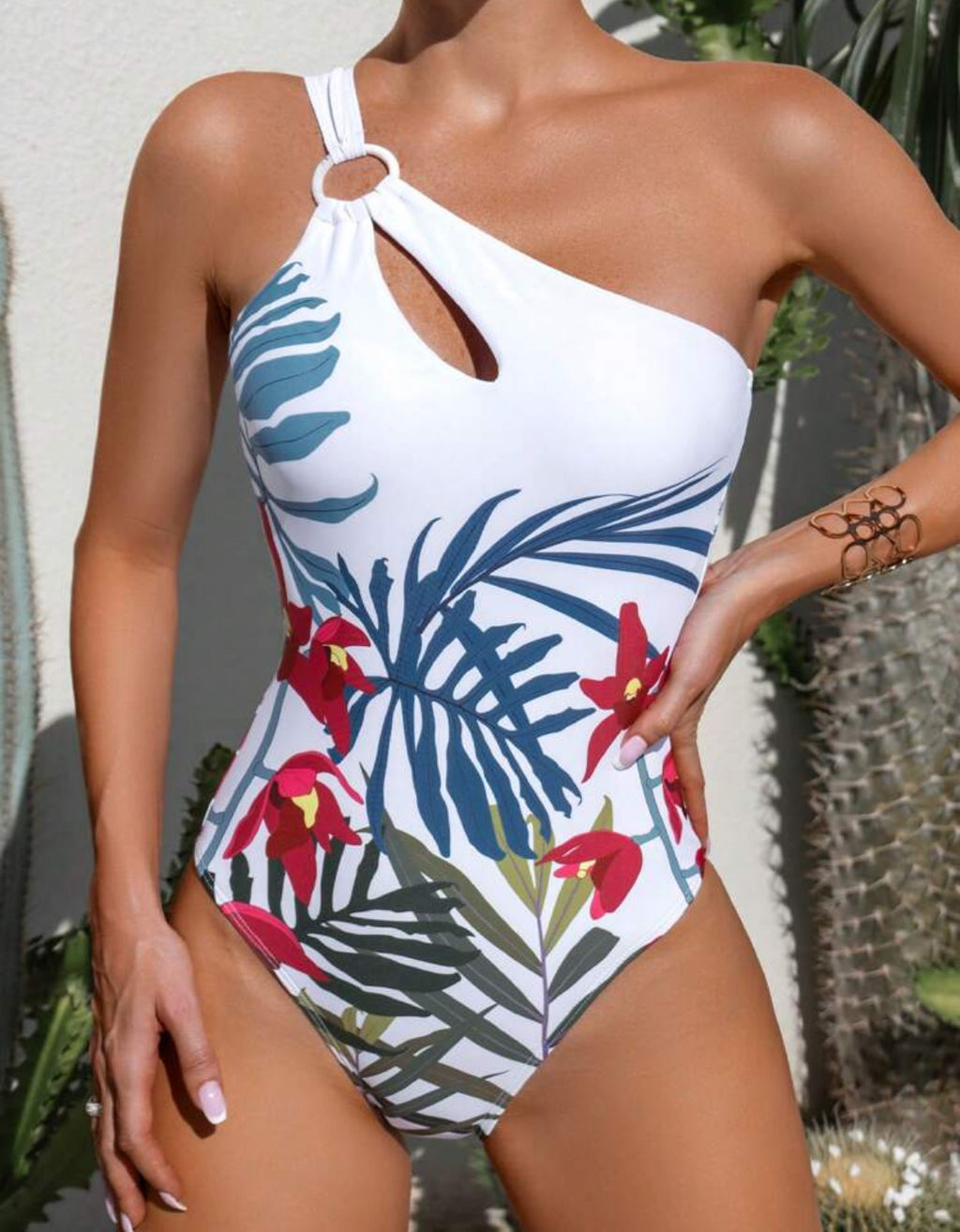 Tropical Watercolor One Shoulder Ring One-piece