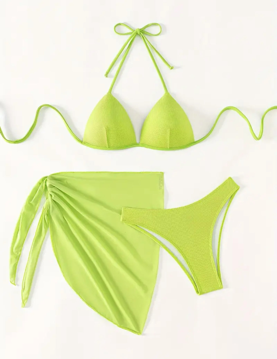3 Pack Lime Ribbed Push Up Bikini & Wrap Set