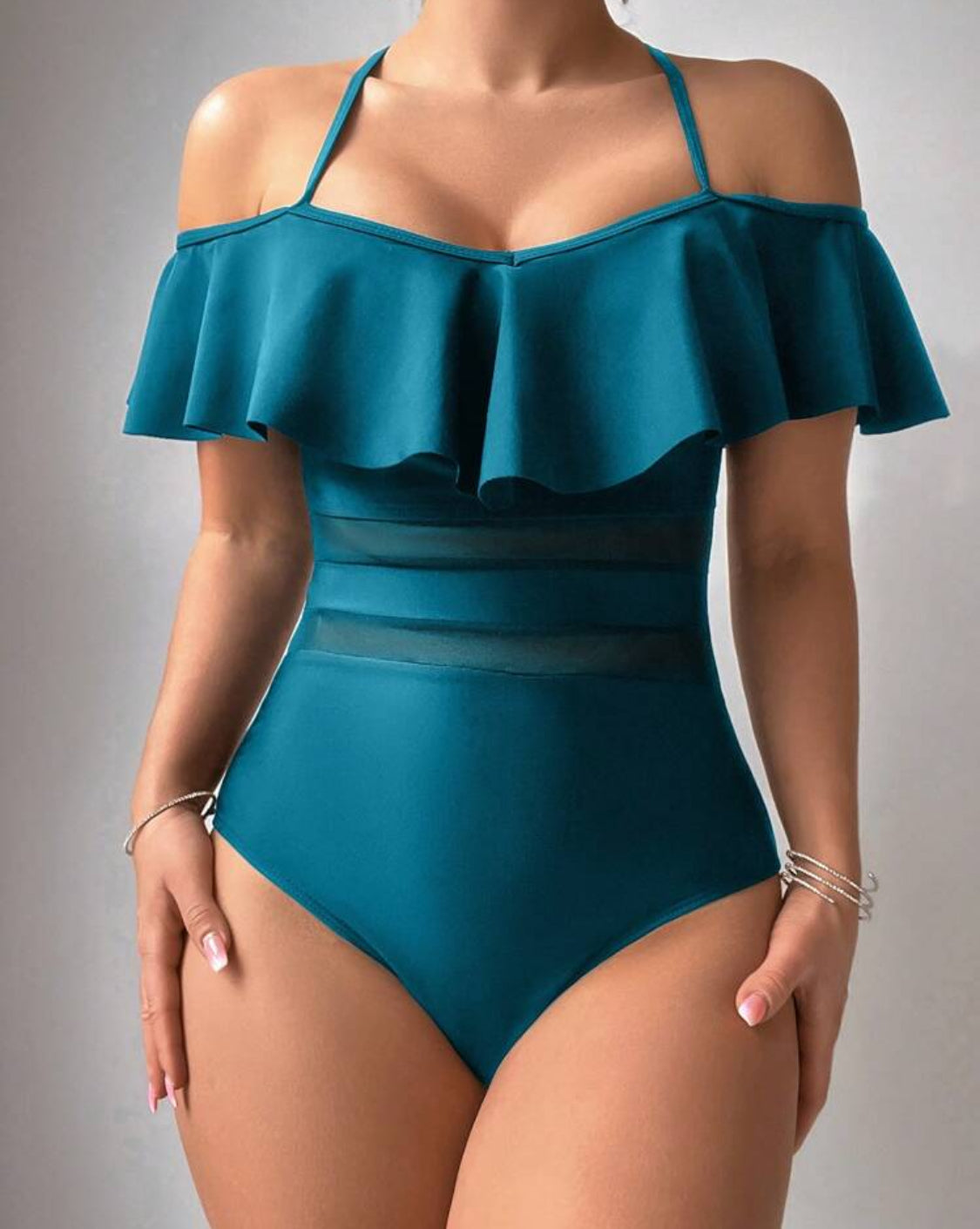 Ruffle Off Shoulder Mesh Criss Cross Detail Swimsuit