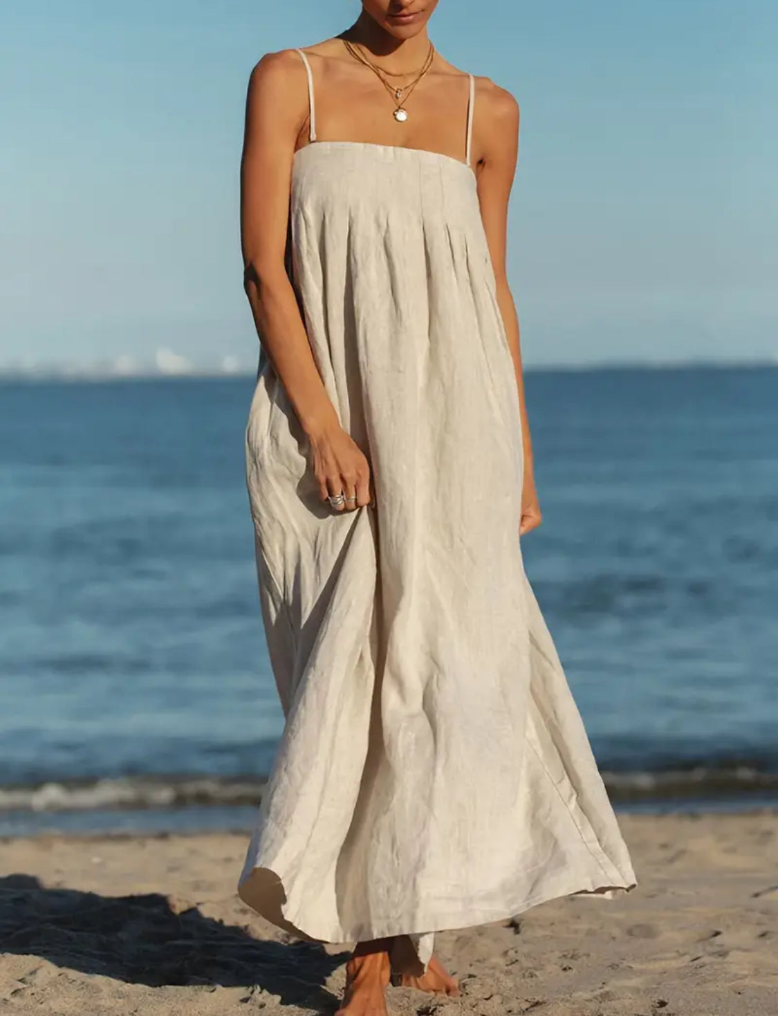 Linen Pleated Top Cami Maxi Dress