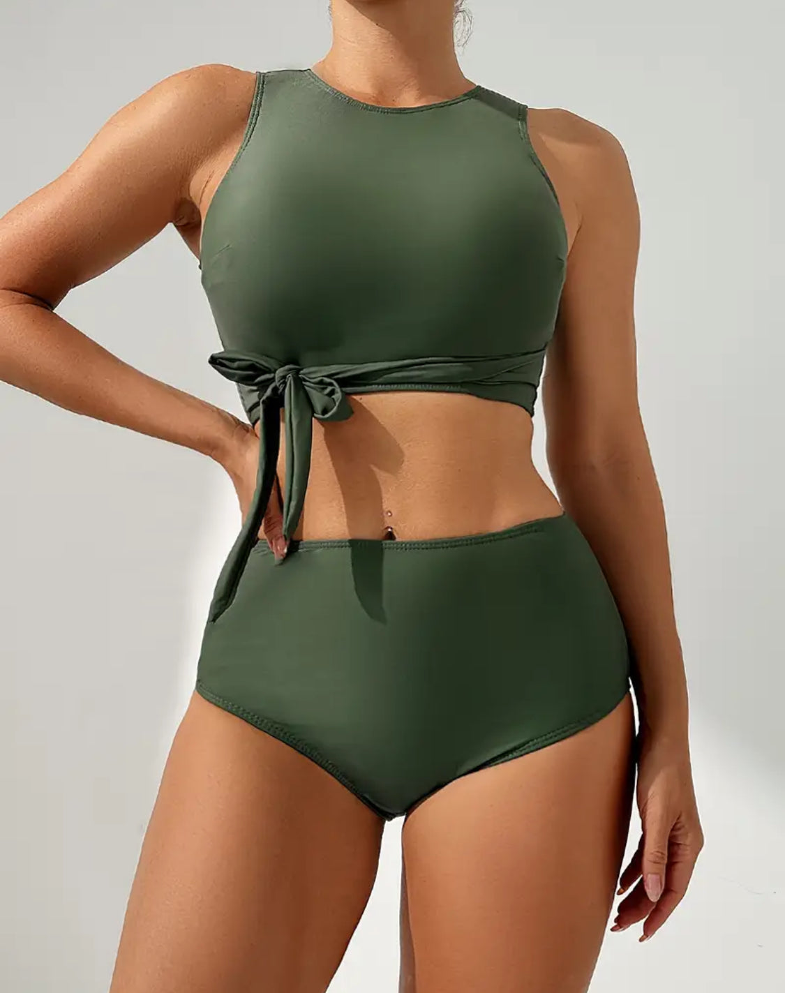 Olive Cropped Knot High Waist Bikini Set