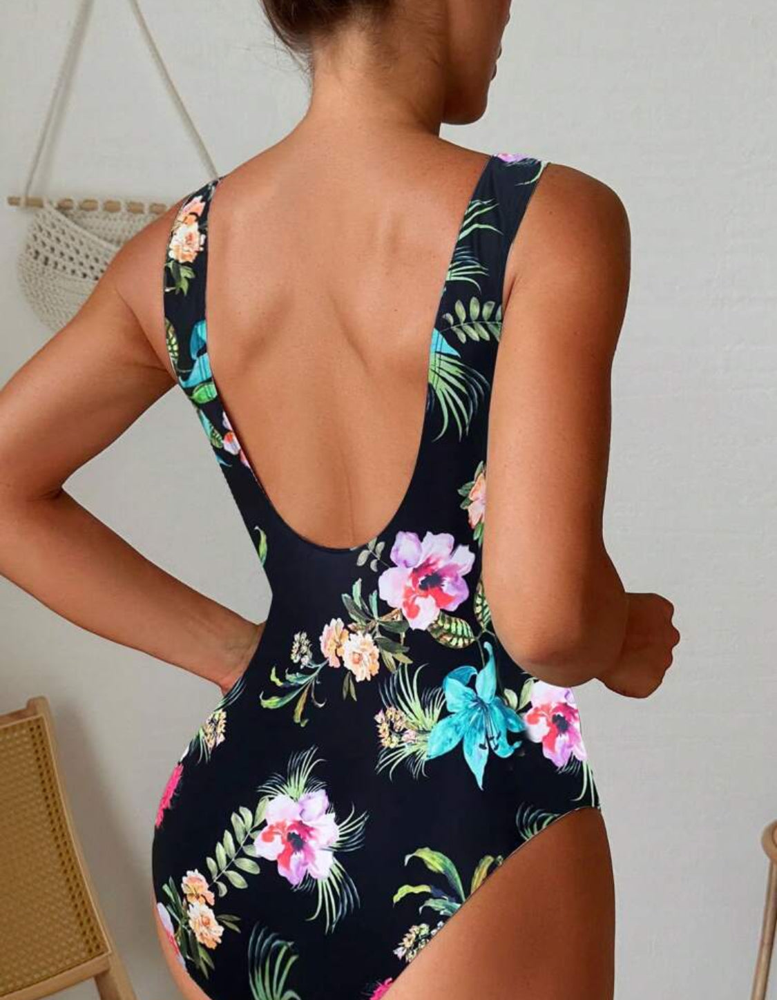 Black Tropical Ruched Scoop Back One Piece