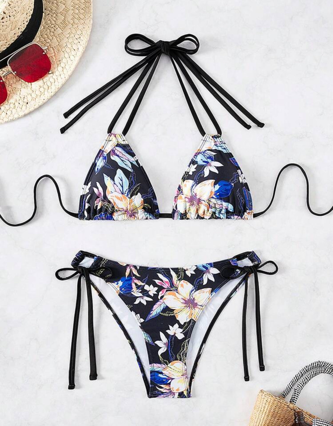 Black Floral Tie Up Bikini Set